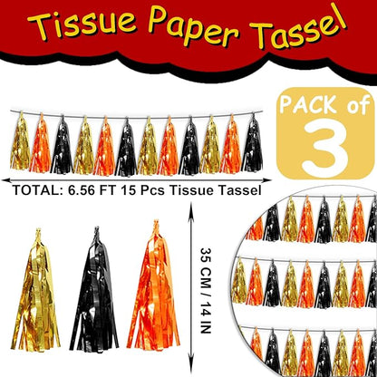 3P Orange Gold Black Tassel Banner Garland Metallic Foil Fringe Banner Tinsel Tassels Streamer Banner Backdrop for Parade Floats, Graduation Decorations, Halloween, Christmas Decorations