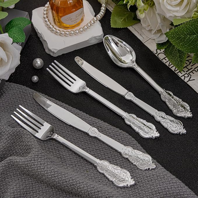Supernal 360pcs Plastic Silverware, Silver Disposable Cutlery,Silver Plastic Silverware include 120 Plastic Forks, 120 Plastic Spoons, 120 Plastic Knives, Perfect for Birthday,Party,Wedding