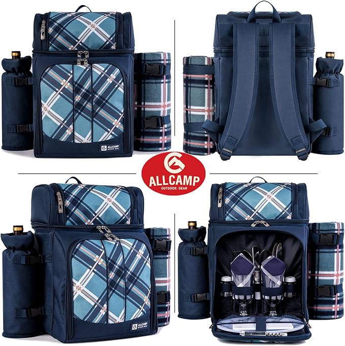 ALLCAMP 2-Person Picnic Backpack with Insulated Cooler, Detachable Wine Holder, Fleece Blanket & Full Picnic Set for Outdoor, Family, Couples (Blue)
