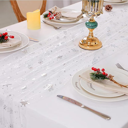 Snowkingdom Silver White Snowflake Table Runner 10 FT Christmas Sheer Chiffon Gauze Cheesecloth Runner, 120 Inch Winter Sparkly Sequin Party Dining Table Decorations for Christmas Holiday New Year