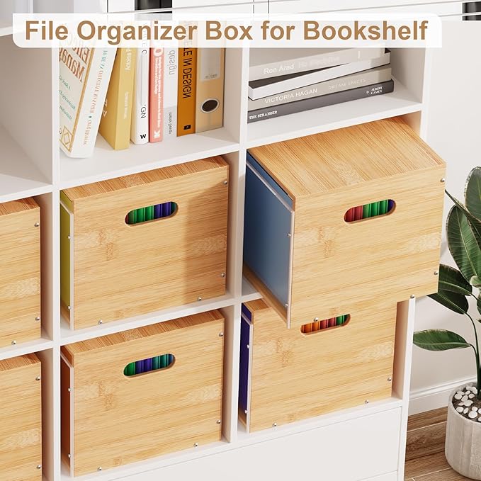 Acrylic File Organizer with Lid, Bamboo File Box with Handle, Hanging File Folder Organizer, Portable Filing Organizer File Crate Storage Box for Home Office Classroom, Letter Size