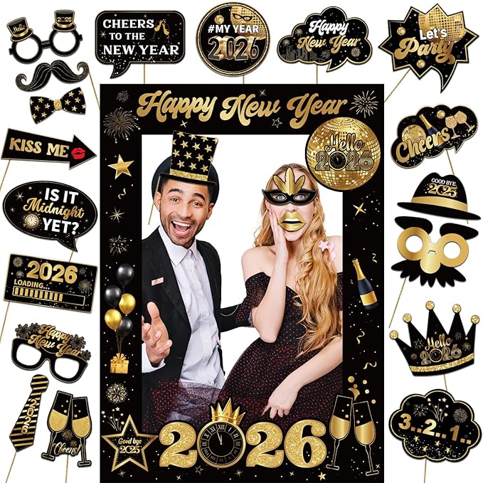 New Years Decorations 2026 Photo Booth Props Set Include 1 Photo Booth Frame and 21 Photo Props Black and Gold Happy New Years Eve Party Supplies 2026 for Photography