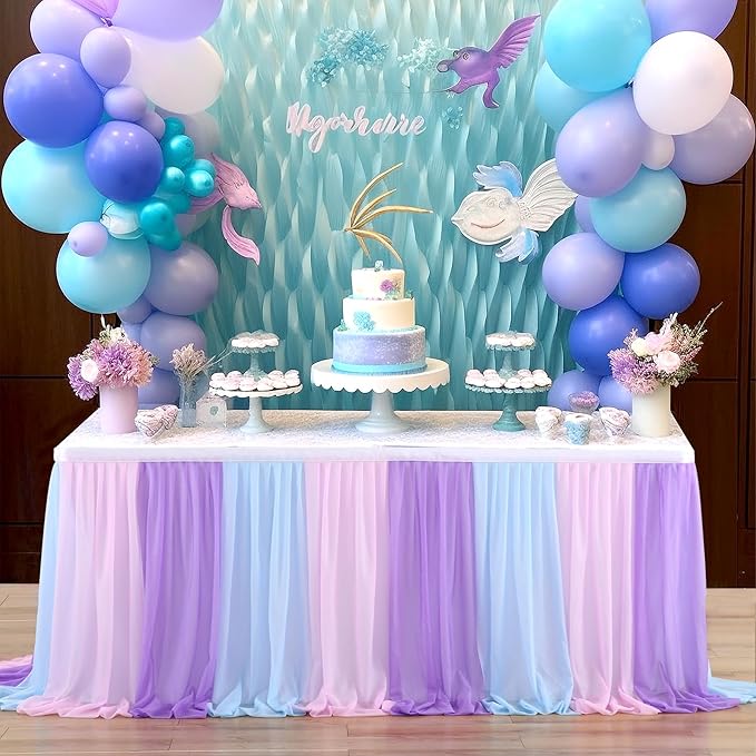 Mermaid Tulle Table Skirt Blue Pink Purple Striped Table Skirts for Rectangle Tables Frozen Baby Shower Mermaid Birthday Parties Decoration 9ft