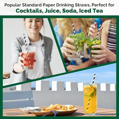 7.75'' Disposable Paper Drinking Straws Bulk, Black and White Striped - Unwrapped, Pack of 1000