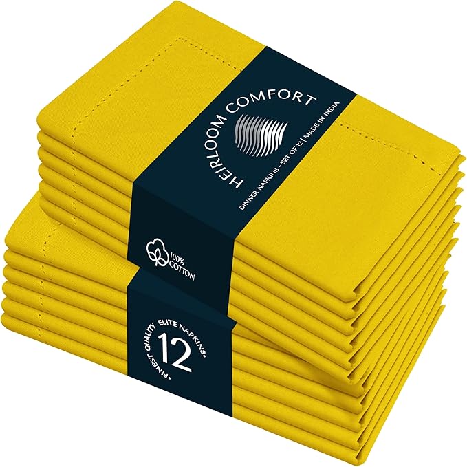 Lemon Yellow Cloth Napkins 18x18 Inch - Set of 12 - Soft, Absorbent, Reusable, Washable - Hemstitch Mitered Edges - Perfect Cotton Napkin for Summer, Spring, Baby Showers, Parties