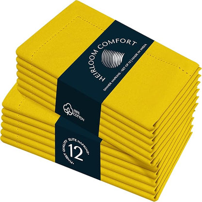 Lemon Yellow Cloth Napkins 18x18 Inch - Set of 12 - Soft, Absorbent, Reusable, Washable - Hemstitch Mitered Edges - Perfect Cotton Napkin for Summer, Spring, Baby Showers, Parties