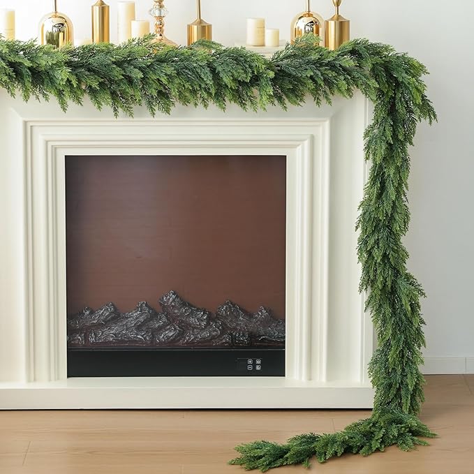 MIZII Christmas Garlands 6 Feet Thick Artificial Pine Garland Real Touch Green Pines Vine Faux Greenery Garland Christmas Decorations for Xmas Fireplace Mantle Home Decor Indoor Outdoor (Thick Pine)