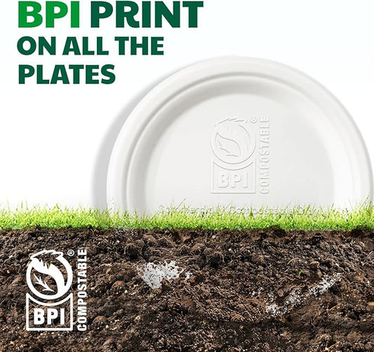 100% Compostable Paper Plates, 10 Inch, 125 Count, Biodegradable Bagasse Plates, Heavy Duty Disposable Plates Bulk for Party | Microwave-Safe | Soak-Resistant, Cut Resistant