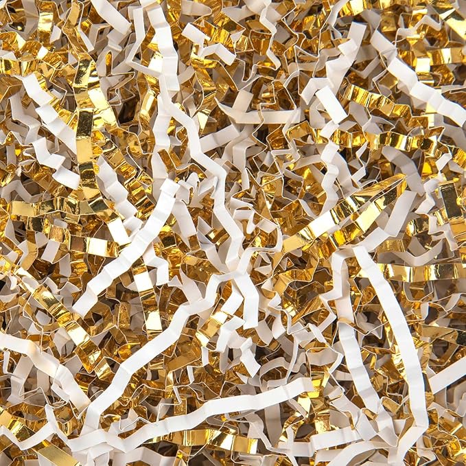 Caleihd 1/2 LB Crinkle Cut Paper Shredded Filler Paper for Gift Baskets Gift Box Confetti Paper Shreds Decoration Stuffing for Birthday, Weddings, Anniversaries, Christmas Wrapping White&Gold