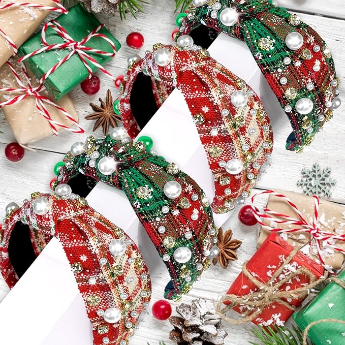 2 Pcs Christmas Headbands for Women Pearl Rhinestone Knot Headband Xmas Crystal Jeweled Hair Band Bow Wide Top Knotted Headband Christmas Hair Accessories Holiday Party Outfits(Snowflake Plaid)