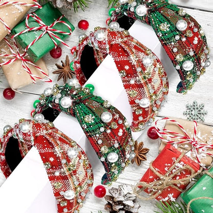 2 Pcs Christmas Headbands for Women Pearl Rhinestone Knot Headband Xmas Crystal Jeweled Hair Band Bow Wide Top Knotted Headband Christmas Hair Accessories Holiday Party Outfits(Snowflake Plaid)