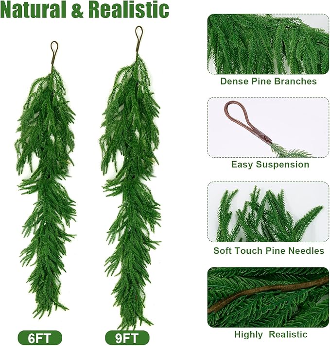 2Pcs 9 FT Artificial Norfolk Pine Garlands, Realistic Christmas Garland Thickness Real Touch Winter Greenery Garland for Table Mantle Wall Indoor Outdoor Christmas Decor