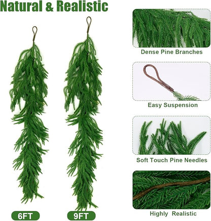 2Pcs 9 FT Artificial Norfolk Pine Garlands, Realistic Christmas Garland Thickness Real Touch Winter Greenery Garland for Table Mantle Wall Indoor Outdoor Christmas Decor