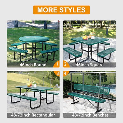 46-Inch Square Outdoor Picnic Table – Commercial Heavy-Duty Steel Dining Table with Thermoplastic Coating, Weather & Rust Resistant, Ideal for Parks, Patios, Schools, Campgrounds (Green)