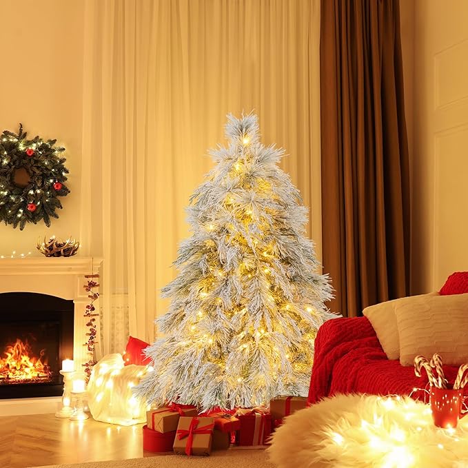 GOFLAME 4.5ft Pre-Lit Christmas Tree Snow Flocked, Hinged Artificial Xmas Tree with 279 Branch Tips, 150 Warm White LED Lights, Willow Leaves, Holiday Decoration Tree for Home Office Party