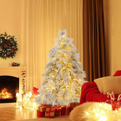 GOFLAME 4.5ft Pre-Lit Christmas Tree Snow Flocked, Hinged Artificial Xmas Tree with 279 Branch Tips, 150 Warm White LED Lights, Willow Leaves, Holiday Decoration Tree for Home Office Party