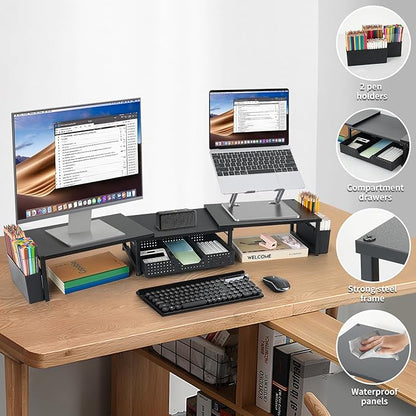 OPNICE Desk Organizers and Accessories, Dual Monitor Stand Riser with Drawer and 2 Pen Holders, Desk Shelf Wood Computer Racks for Office Workspace Organizers, Desktop Organization (Black Wood)