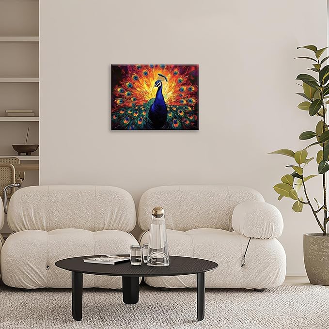 Peacock Wall Art, Elegance Peacock Pictures Wall Decor, Colorful Animal Canvas Prints Painting, Framed Artwork For Bathroom Living Room Office Bedroom Dining Room 24"X16"