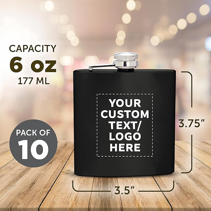 Custom Murano Stainless Steel Hip Flasks 6 oz. Set of 10, Personalized Bulk Pack - Screw on Cap, Great for Wedding Party Gifts, Groomsmen Gifts, Outdoor Activities - Black