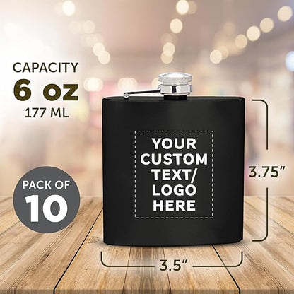 Custom Murano Stainless Steel Hip Flasks 6 oz. Set of 10, Personalized Bulk Pack - Screw on Cap, Great for Wedding Party Gifts, Groomsmen Gifts, Outdoor Activities - Black