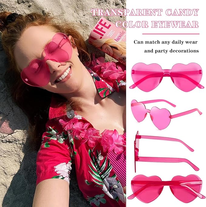 SUNOVELTIES 18 Heart Shape Rimless Sunglasses Transparent Candy Color Party Glasses Colored Eyewear for Women