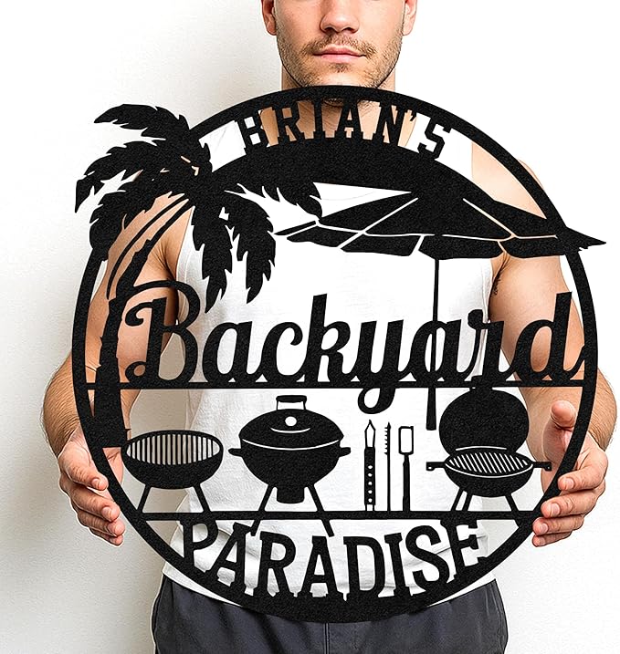Rustic Outdoor BBQ Metal Sign, Custom Name Grill Wall Art for Backyard Patio, Personalized Cut Metal Barbecue Decor