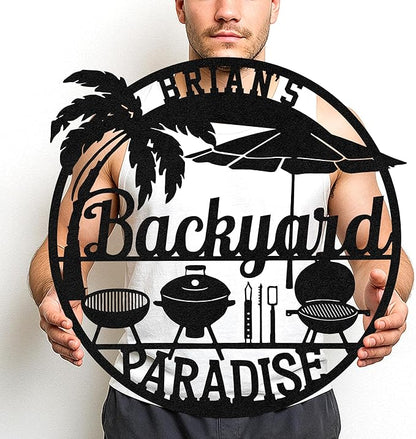 Rustic Outdoor BBQ Metal Sign, Custom Name Grill Wall Art for Backyard Patio, Personalized Cut Metal Barbecue Decor
