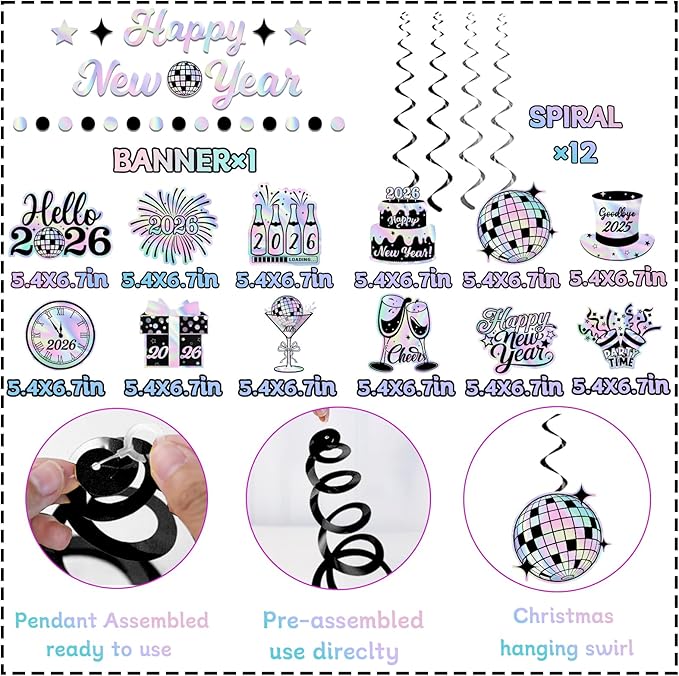 Iridescent New Years Decorations, Disco New Years Party Decorations 2026 includes Iridescent Happy New Year Banner and Disco Hanging Swirls, New Year Hanging Swirls for Indoor Outdoor Classroom Office