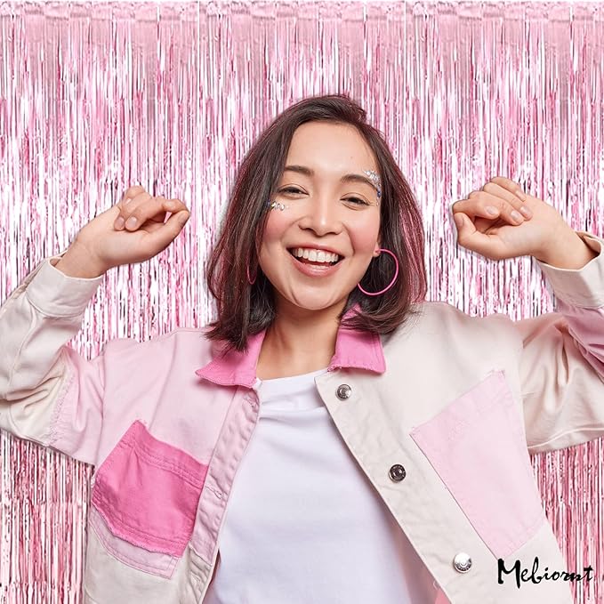 4 Pack Pink Fringe Curtain Backdrop, 3.2Ft x 8.2Ft Metallic Tinsel Foil Fringe Streamers Background for Photo Booth Birthday Wedding Baby Shower Carnival Easter Mother’s Day Party Decorations