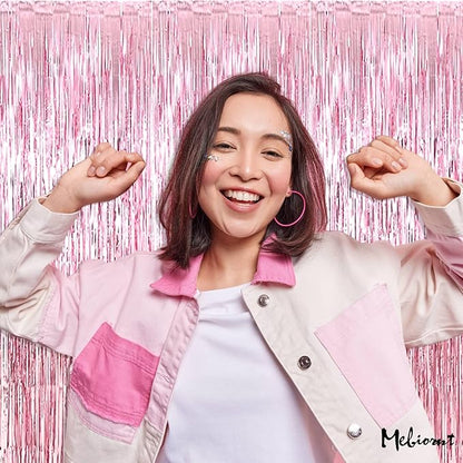 4 Pack Pink Fringe Curtain Backdrop, 3.2Ft x 8.2Ft Metallic Tinsel Foil Fringe Streamers Background for Photo Booth Birthday Wedding Baby Shower Carnival Easter Mother’s Day Party Decorations