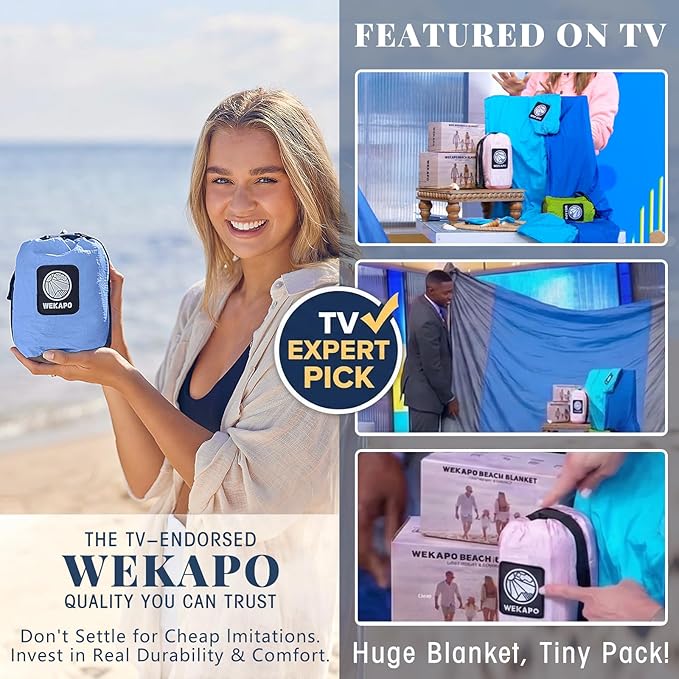 WEKAPO Beach Blanket Sandproof Waterproof, Extra Large Beach Mat, Oversized & Compact Sand Free Mat Quick Drying, Lightweight & Durable with Stakes & Corner Pockets