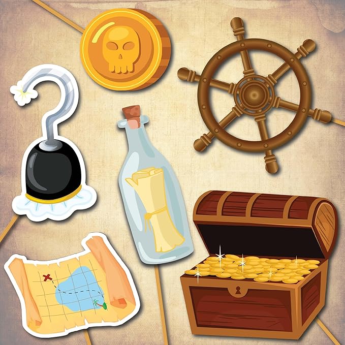 Pirate Photo Booth Props - 41-pc Photobooth Kit with 8 x 10-Inch Sign, 60 Adhesive Pads, 45 Sticks - Pirate Props - Nautical Photo Booth Props - Pirate Ship Props