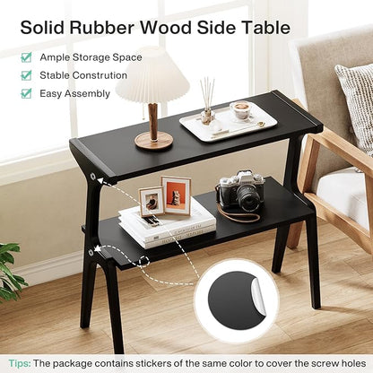 Tribesigns Solid Wood End Table, Modern Side Table for Couch, 2-Tier Narrow Tall End Table, Long Bedside Table for Living Room, Bedroom, Black