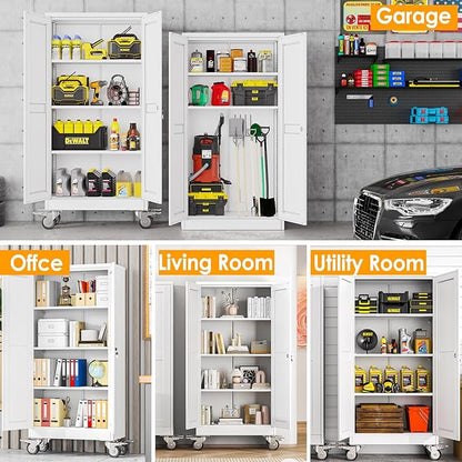61''H Metal Garage Storage Cabinet with Wheels,Steel File Cabinets with 2 Doors and 3 Adjustable Shelves for Home Office, Warehouse, Required Assembly,White