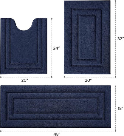HOMEIDEAS Bathroom Rugs Sets 3 Piece, Microfiber Shaggy Bath Mat Set, Non-Slip Ultra Soft Carpet Mats, Large Rugs with U-Shaped Toilet for Bathroom, Tub, Shower,Navy Blue