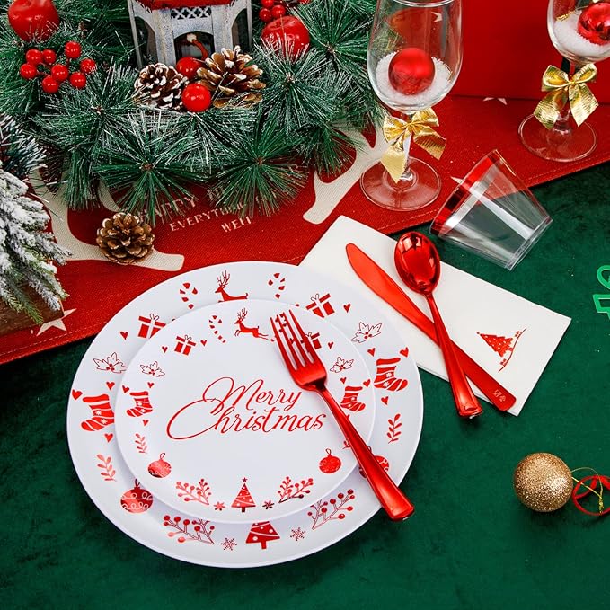 Liacere 175PCS Red and White Disposable Christmas Plastic Plates - Include 25 Dessert Plate, 25 Dinner Plates, 25 Knives, 25 Spoons, 25 Forks, 25 Cups, 25 Napkins for Christmas Party