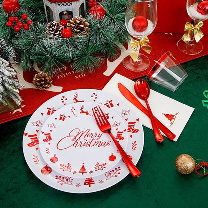 Liacere 175PCS Red and White Disposable Christmas Plastic Plates - Include 25 Dessert Plate, 25 Dinner Plates, 25 Knives, 25 Spoons, 25 Forks, 25 Cups, 25 Napkins for Christmas Party