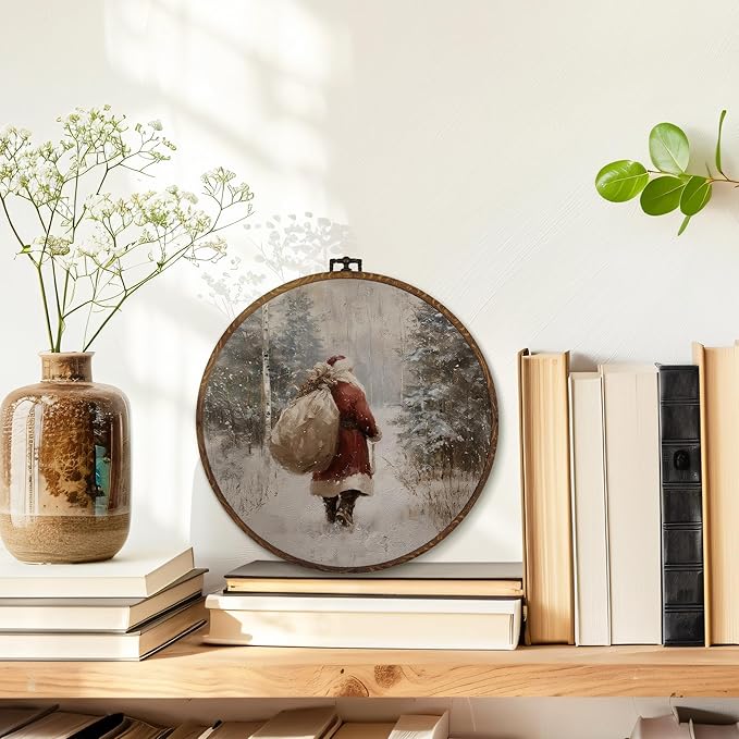MOTERMATE Vintage Christmas Santa Wall Art Decor Round Framed, Rustic Christmas Canvas Wall Art Artwork Prints, Winter Forest Xmas Santa Hanging Decor Decorations for Home Living Room, 10x10 Inch