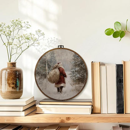 MOTERMATE Vintage Christmas Santa Wall Art Decor Round Framed, Rustic Christmas Canvas Wall Art Artwork Prints, Winter Forest Xmas Santa Hanging Decor Decorations for Home Living Room, 10x10 Inch
