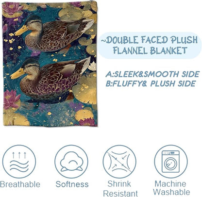 Retro Duck Floral Blanket,Vintage Elegant Lotus Flower and Lily Pad Blankts,Gifts for Nature Lovers Women Girls,Dorm Cabin Picnic and Travel Decor,Soft Cozy Lightweight Flannel Throw,50"x60"