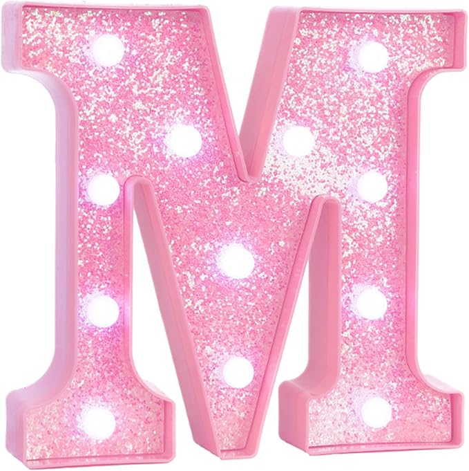 Pink LED Marquee Light Up Letters, Glitter Alphabet Letter Lights for Birthday Party Decorations, Battery Operated Letter Signs for Girls Room Table Decor, Pink letter M with Cool White Lights