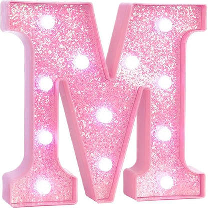 Pink LED Marquee Light Up Letters, Glitter Alphabet Letter Lights for Birthday Party Decorations, Battery Operated Letter Signs for Girls Room Table Decor, Pink letter M with Cool White Lights