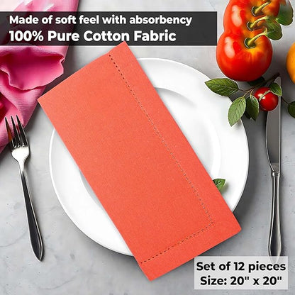 Urban Villa Cloth Napkins Set of 12(20x20 Inches)100% Cotton Hemstitch Napkins Cloth Washable Durable Reusable Absorbent Table Dinner Napkins Cloth for Hotel Lunch Restaurant Weddings Parties - Orange