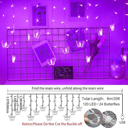 Purple Butterfly Curtain Fairy Lights USB Plug in,120 LED 8 Modes 20FT Firefly Twinkle Icicle String Lights with Remote Timer Waterproof for Halloween Bedroom Christmas Wedding Party Dorm