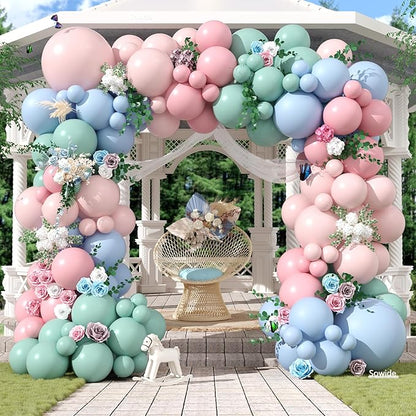 Pink Blue Green Balloon Arch Kit, 122Pcs Dusty Light Pink Baby Blue Green Pastel Balloons for Kids Girl Baby Shower Bridal Wedding Engagement Spring Birthday Flower Party Decorations