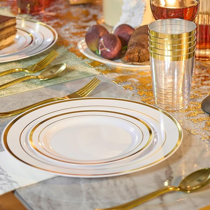175 Pcs Gold Disposable Plates for 25 Guests, Disposable Plastic Plates, Dinnerware Set Include 25 Dinner Plates, 25 Salad Plates,25 Cups, 25 Paper Napkins for Party, Wedding, Thanksgiving