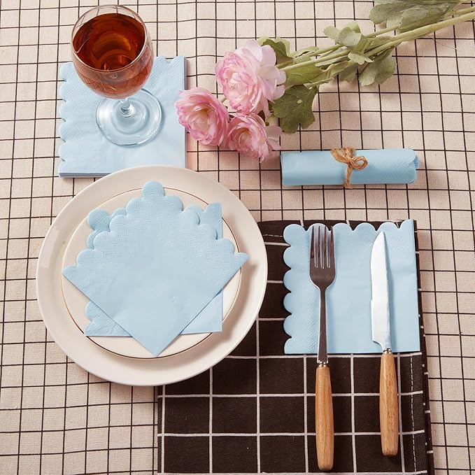 200 Pack Cocktail Napkin 2-Ply Scalloped Edged Dessert Napkins Folded 5 x 5 Inches Disposable Napkins for Dinner Wedding Birthday Party Bridal Anniversary Reception Event (Light Blue)