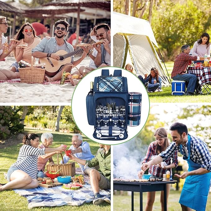 Hap Tim Picnic Backpack for 4 Person with Blanket, Insulated Leakproof Cooler Compartment, Wine Holder, Cutlery Set, Gifts Ideals for Wedding, Housewarming, White Elephant, Bridal Showers(36079-BL)