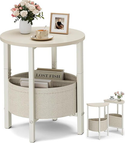 Vagusicc Small Round Side Table End Table, Tall Accent Table with Storage Basket, Set of 2 Half Round Tables Half Moon Tables, Coffee Bedside Tables, Modern Nightstand for Living Room Bedroom, Cream