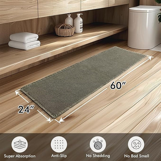 MIULEE Set of 2 Waffle Bathroom Runner Rugs, Boho Bath Rugs Non Slip, Super Absorbent Runner Bath Mats, Rubber Backed Shower Mats for Hallway Bedroom Laundry Room, Green, 2'x5'(24x60 Inch)